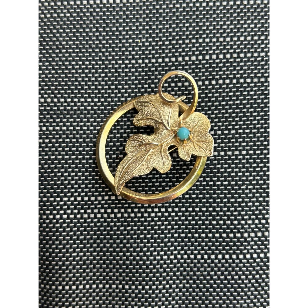 Gold & Turquoise Leaf Brooch  - circle design - Vintage Pin